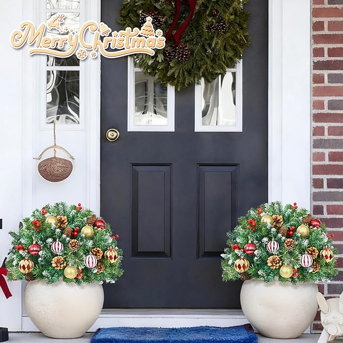 2 Pack 23" Outdoor Christmas Tree Urn Filler, Christmas Planter Filler with 50 LED Lights, Pine Cones, Christmas Balls & Red Berries, Tripod Stake for Outdoor Holiday Home Decorations