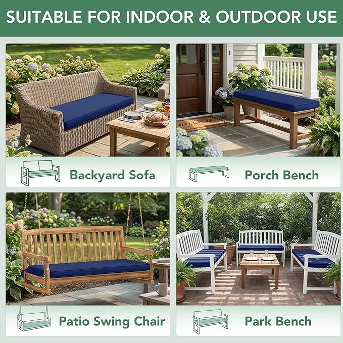 Outdoor Bench Cushion: Waterproof and Fade Resistant Patio Furniture Cushions - Non-Slip Bench Pad Cushion with Removable Cover for Garden Swing Porch Sofa Settee, 42 x 18 Inch, Navy Blue