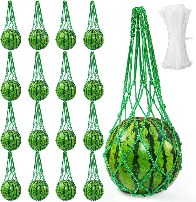 16 Pieces Watermelon Net, Melon Hammocks Cradles with 100 Cable Zip Ties, Heavy Duty Trellis Hammock Net, Pumpkin Support Hanging Bag for Watermelon, Pumpkin and Cantaloupe