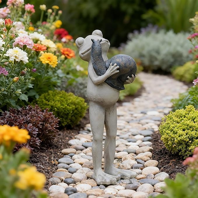Frog with Snail Garden Statue – Whimsical Resin Decor Figurine for Yard Desk frog gifts for women Figurines Pathway Outdoor Unique Gift Idea for Garden Lovers Sculptures 5.9*3.25*4.25 LC Lcdecohome