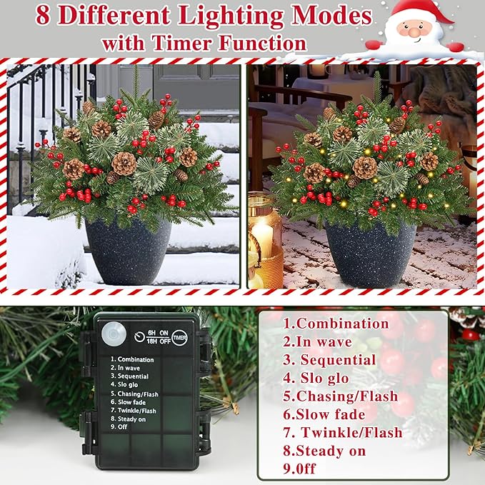 Waipfaru Outdoor Christmas Tree Urn Filler, Prelit Planter Bushes, 22 Inch Lighted Artificial Christmas Tree with Cones & Red Berries for Front Porch Pot Filler Planter Christmas Decorations, 2 Pack