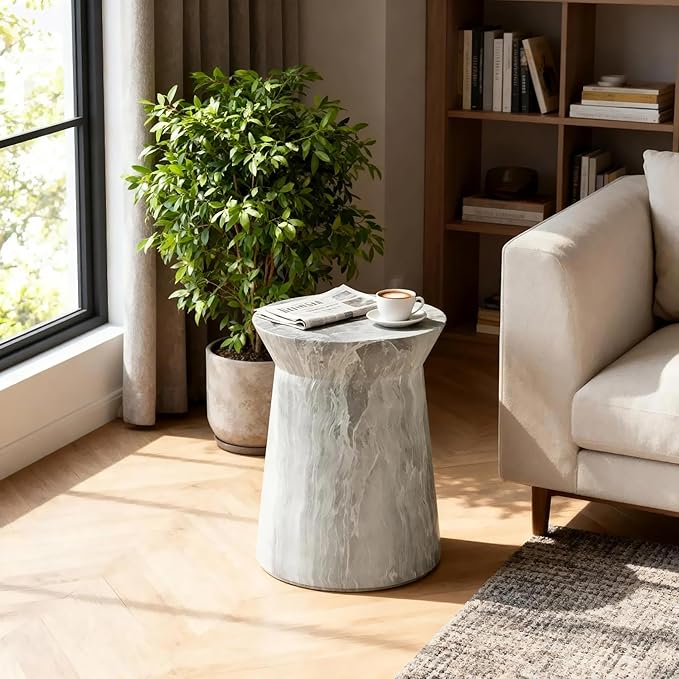 12.8" Cement End Tables for Patio,Faux Terrazzo Modern Small Round Side Accent Table,Tree Stump Garden Stool Drum Indoor and Outdoor,Light Grey