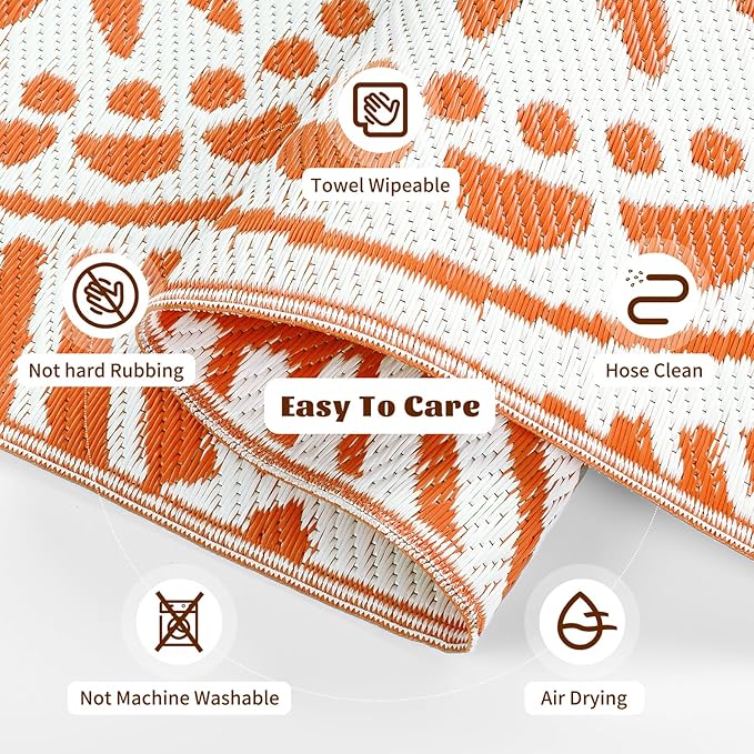 Ileading Large Plastic Outdoor Rug 9x12ft Modern Geometric Style Reversible Patio Area Rugs Waterproof Non Shedding Portable Carpets for Rv Outside Deck Pool Beach Picnic Camping (Orange)