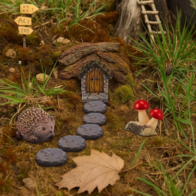 Bucherry 8 Pcs Fairy Garden Decor Including Tiny Circular Arch Door, Hedgehogs & Wood Mushroom Sculpture, Stone Path Road Fairy Wild Garden Supplies Terrarium Miniature DIY Accessories