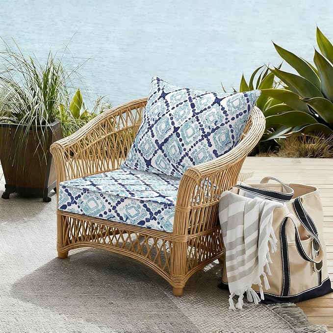 Outdoor Deep Seat Cushion Set, Water Repellent 22"x22" Patio Thick Cushions Replacement with Seat & Back Pillow for Patio Sofa, Wicker Chair, Couch - Boho Geometry Blue