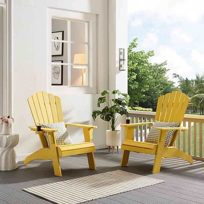 Psilvam Adirondack Chair, Oversized Poly Lumber Fire Pit Chair with Cup Holder, 350Lbs Support Patio Chairs for Garden, Weather Resistant Outdoors Seating, Relaxing Gift for Father & Mother (Yellow)