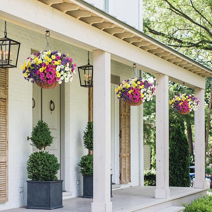 2 Set Artificial Fake Hanging Flowers Plants Baskets for Outdoors Spring Outside Decor , UV Resistant 24 Pcs Faux Silk Morning Glory with 2 Outdoor Hanging Planters Look Real for Porch Patio Balcony
