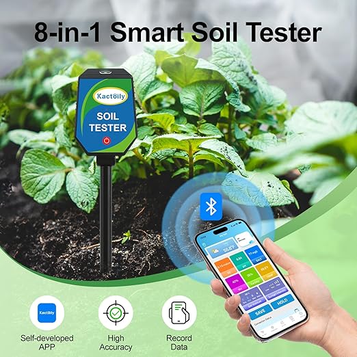 8-in-1 Soil Moisture Meter with App, Digital Soil Tester for pH, EC, Fertility, Salinity, Sunlight, Air Humidity, Temperature, Accurate Soil Test Kit for Indoor & Outdoor Plants