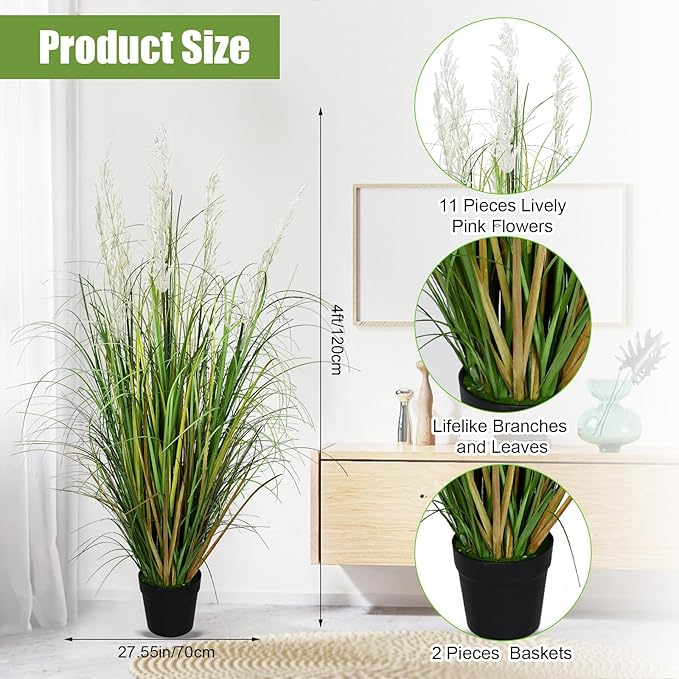 4 Pcs Tall Artificial Grass Plant 4 ft Large Fake Pampas Outdoor Faux Floor Plant in Pot UV Resistant for Housewarming Gift Front Porch Patio Garden