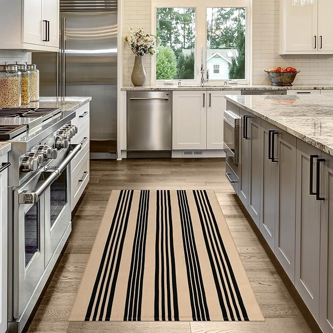 OJIA Outdoor Rug 3'x5', Black and Tan Area Rug Machine Washable Rugs Cotton Hand Woven Entry Rug Indoor Outdoor Striped Carpet for Front Porch/Deck/Backyard/Camping/Outdoor Decor