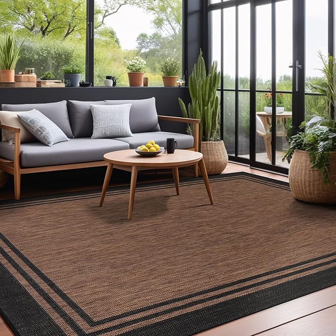 Bordered Outdoor Rug 8x10 Washable Outside Carpet for Indoor Patio Porch Waterproof Easy Cleaning Non Shedding Area Rugs Nut Brown 8 x 10