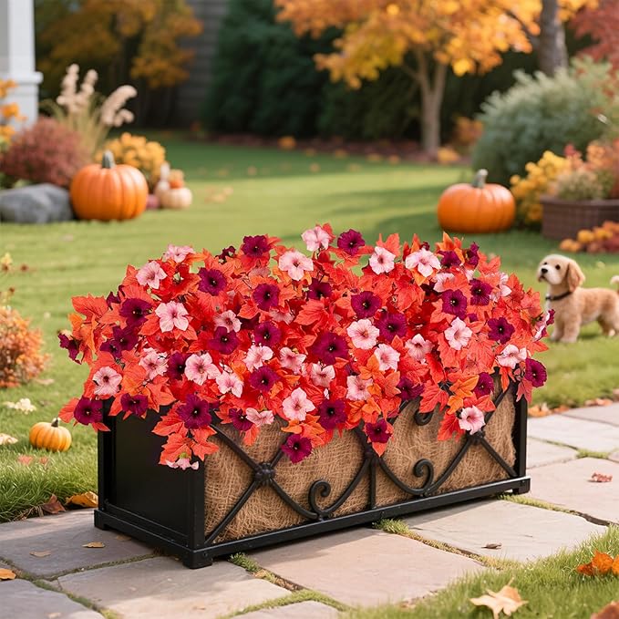 2Pcs Fake Fall Flowers for Outdoor Decoration Artificial Fake Silk Flowers Faux Fall Plants, Uv Resistant Autumn Flower for Garden Porch Balcony Realistic Thanksgiving Decor (Burgundy Pink)
