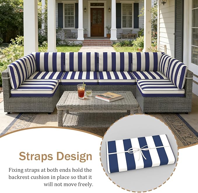 14 Pcs Outdoor Replacement Cushions for Patio Furniture, All Weather Water Resistant Cushion for 6 Seat Rattan Wicker Sectional Patio Conversation Sets and Couch (Blue Stripe)
