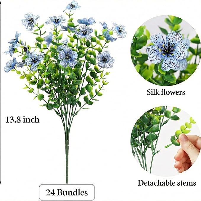 Artificial Flowers Outdoor Faux Plants UV Resistant Fake Patio Flowers Plastic Greenery Plnats Outside Bulk for Spring Garden Hanging Planter Home Vase Decor, 24 Bundles (Blue)