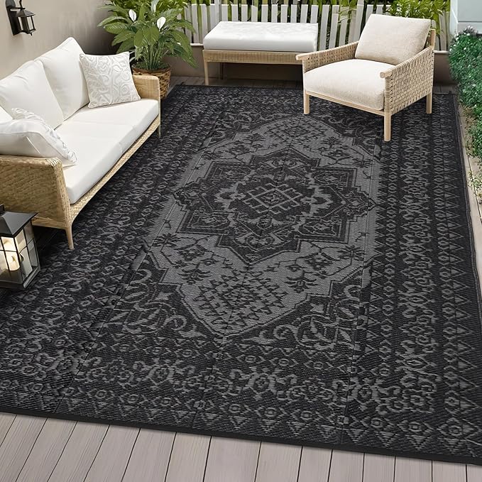 COZYLOOM Outdoor Patio Rugs 8x10 Waterproof Reversible Plastic Straw Mat, Large Vintage Medallion Boho Area Rug Indoor Outdoor Rugs for Deck, Balcony, Pool, Camping, Beach, Picnic, Porch, RV