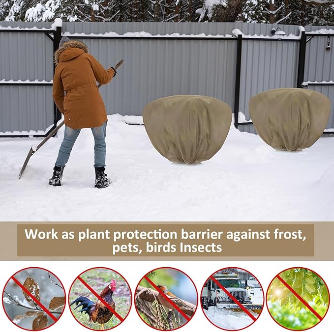 12 Pcs Winter Plant Covers Freeze Protection 39.4x23.6 Inch Horizontal Shrub Tree Rose Plant Protection Bags Frost Blanket with Drawstring for Fall Winter Outdoor Garden Planting (Brown)