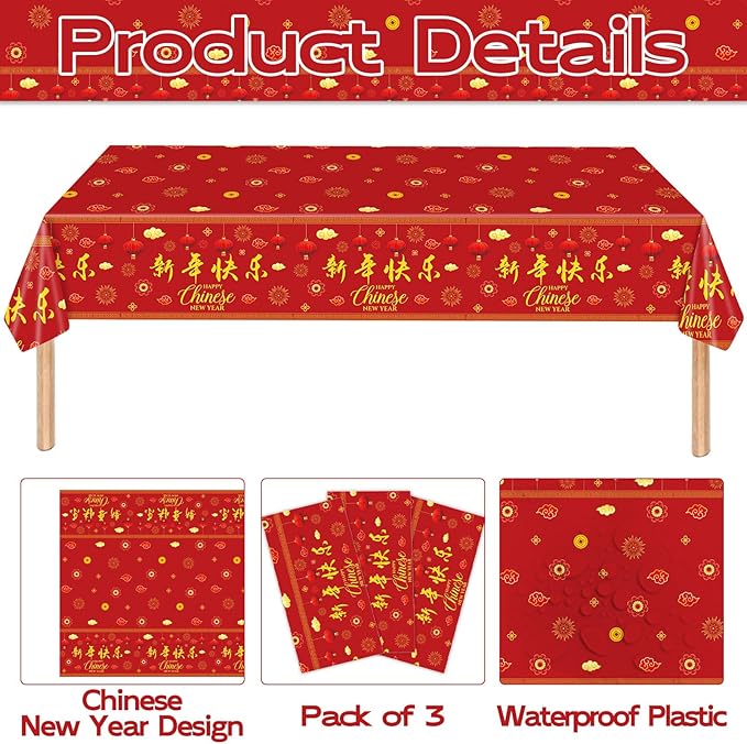 3 Pieces Chinese New Year Tablecloth - 54 x108 Inches Disposable Red Plastic Table Cover with Lanterns and Fireworks for Lunar New Year Party Supplies, Spring Festival Table Cloth Decorations