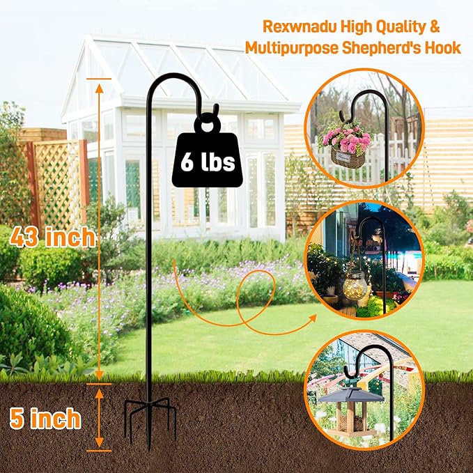 Shepherds Hook 48 Inches 2 Packs for Bird Feeder Pole Bird Feeder Hanger Heavy Duty Adjustable Shepherds Hooks for Outdoor with 5-Prong Base for Lanterns Planting Hanger Weddings (48")