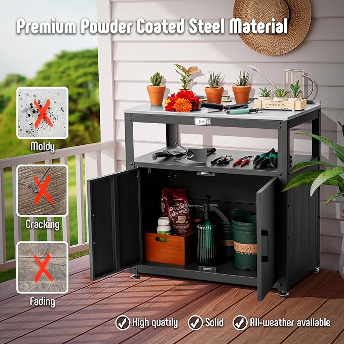 Garden Potting Bench with Storage, Outdoor Potting Table & Garden Work Bench for Plants, Horticulture, Outdoor Potting Station with Stainless Steel Tabletop, Outdoor Work Table