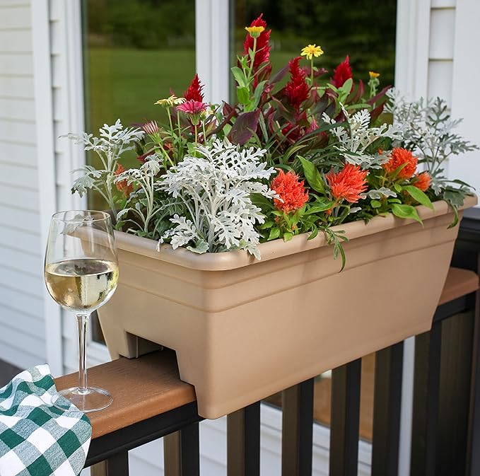 The HC Companies 24 Inch Deck Rail Planter Box with Drainage Plug, Lightweight UV-Resistant Plastic Outdoor Planters for Wood Deck Rail, Flower Box for Garden, Patio, Balcony, and Fence, Sandstone