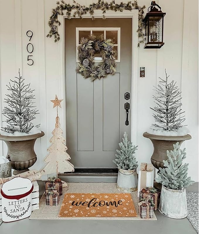 Winter Snowflake Welcome Mat Chirstmas Doormat Outside Entrance, Faux-Coir Seasonal Entryway-Rug Non-Slip Dirt-Trapping Thin Door Mat 17"x30" for Front Door, Indoor, Outdoor, Porch