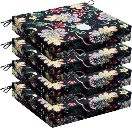Wellsin Outdoor Chair Cushions for Patio Furniture - Outdoor Cushions for Chairs - Water Resistant Patio Chair Cushions Set of 4, 18.5"X16"X3", Flower Black