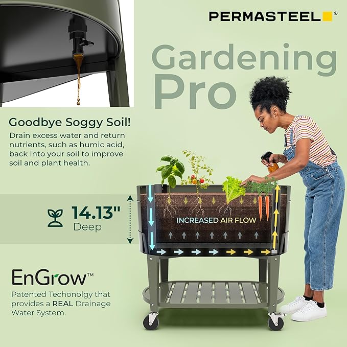 Permasteel Raised Garden Bed with Legs, Planter Box with EnGrow™ TrueSoil™ Technology for Vegetables, Flowers, Herbs, and Fruit, Outdoor Indoor, Storage Shelf, Caster Wheels, Green