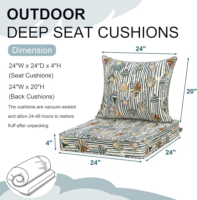 Outdoor Deep Seat Cushion Set, Water Repellent 24"x24" Patio Thick Cushions Replacement with Seat & Back Pillow for Patio Sofa, Wicker Chair, Couch - Crayon Shells