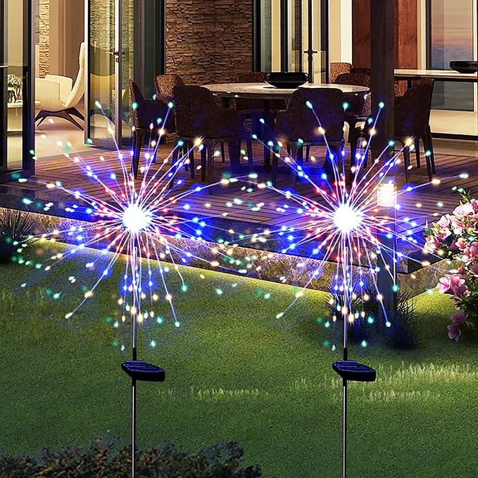 Solar Garden Lights for Outdoor Decor, Waterproof 2 Pack Solar Powered Firework Stake 120 LED Sparklers String Lights for Yard Pathway 4th of July Decorations(Colorful)