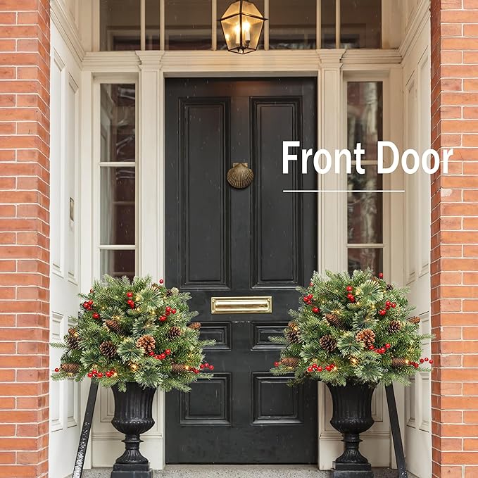 Christmas Planter Filler Tree Outdoor Prelit 2 Pack, 24" Urn Fillers for Porch Planters Pathway Battery Operated Light Red Berry Pine Cone, Xmas Greenery Outside Decorations