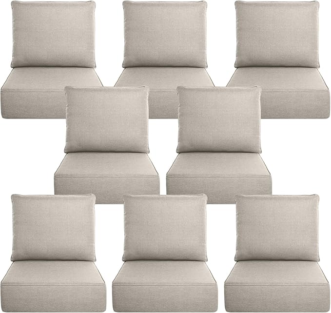 Belord Luxury 6" Thick Outdoor Cushion 8 Set - 24 x24 Inch 28D Sponge Filling Fade-Resistant Chair Cushion, Spill Proof Removable Patio Furniture Replacement Cushion for Sofa Bench Swing - Beige
