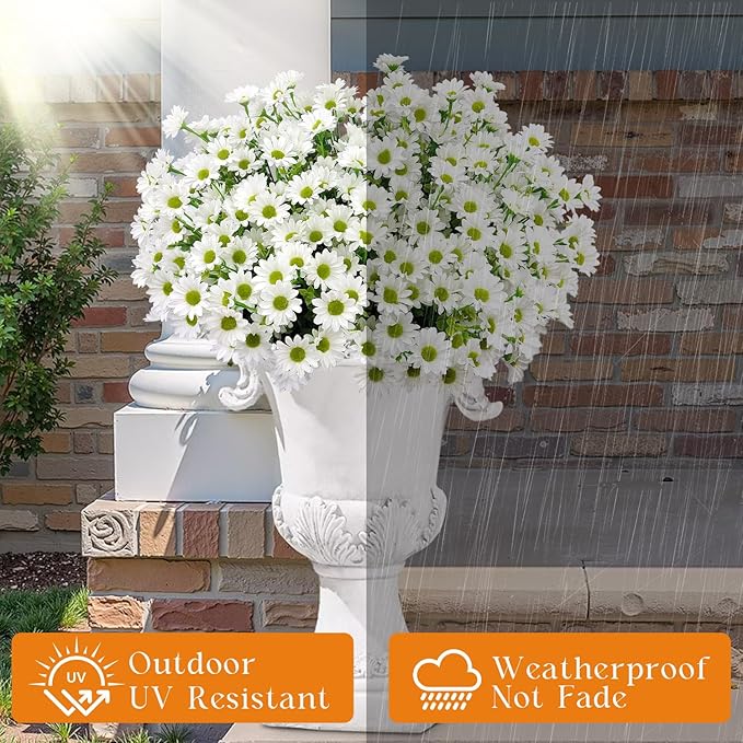 16 Bundles Silk Daisy Artificial Flowers for Outdoors UV Resistant Fake Daisies Plastic Plants Flower for Home Outside Front Door Porch Garden Patio Planters Decoration (White)