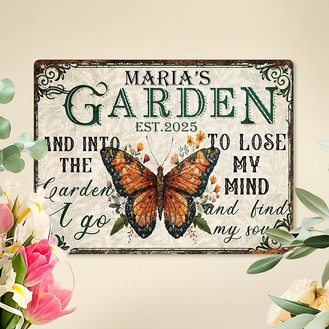 Custom Garden Signs Personalized Metal Tin Sign for Women, Retro Funny Butterfly Metal Sign for Outdoor, Patio, Yard Rustic Home Decor Gift for Mothers Day, Grandmas, and Gardening Lovers