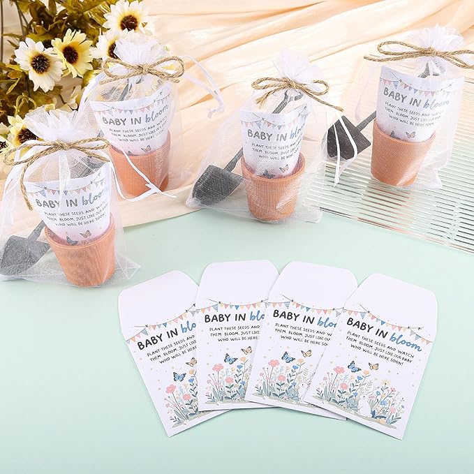 200 PCS Baby Shower Party Favor for Guests Include 50 Flower Seed Packets 50 Pots 50 Organza Bags 50 Garden Shovel for Baby Shower Birthday Party Favor, No Seeds