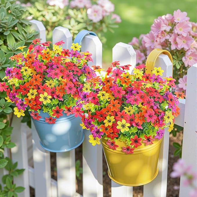 SHareconn 24 Bundles Artificial Flowers for Outdoors Spring Decoration, Fake Silk Realistic Faux Plants UV Resistant for Outside Planter Porch Patio Summer Indoor Decor, RedRosePurpleYellowOrange