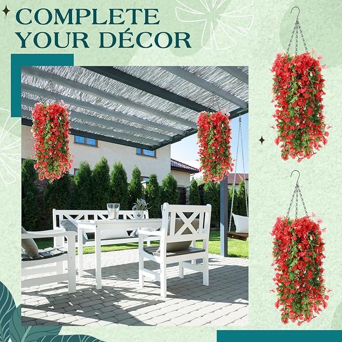 Hotop 2 Set Artificial Hanging Flower Basket and 6 Pcs Bougainvillea Silk Vine Flower for Outdoor Indoor UV Resistant Faux Hanging Plant Coconut Lining Planter Pot(Red)