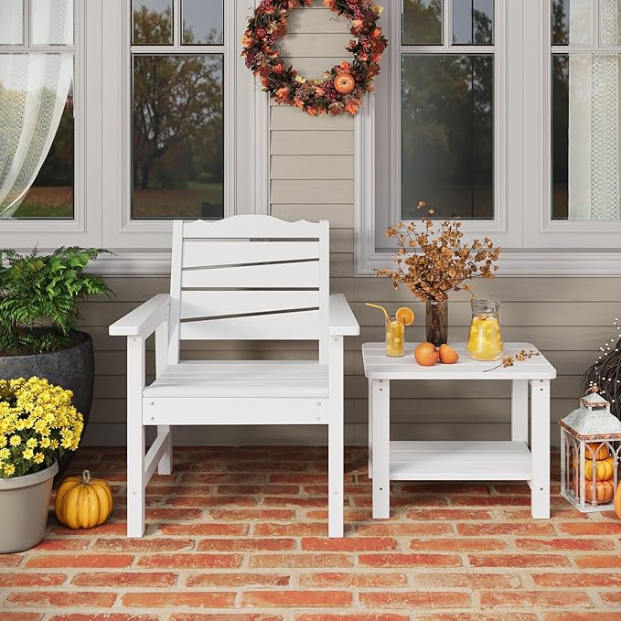 Weatherproof Patio Chair, Poly Lumber Outdoor Patio Chairs with Ergonomic Curved Seat, 400lbs Capacity Outdoor Dining Chairs for Garden, Porch, Lawn & Backyard, White