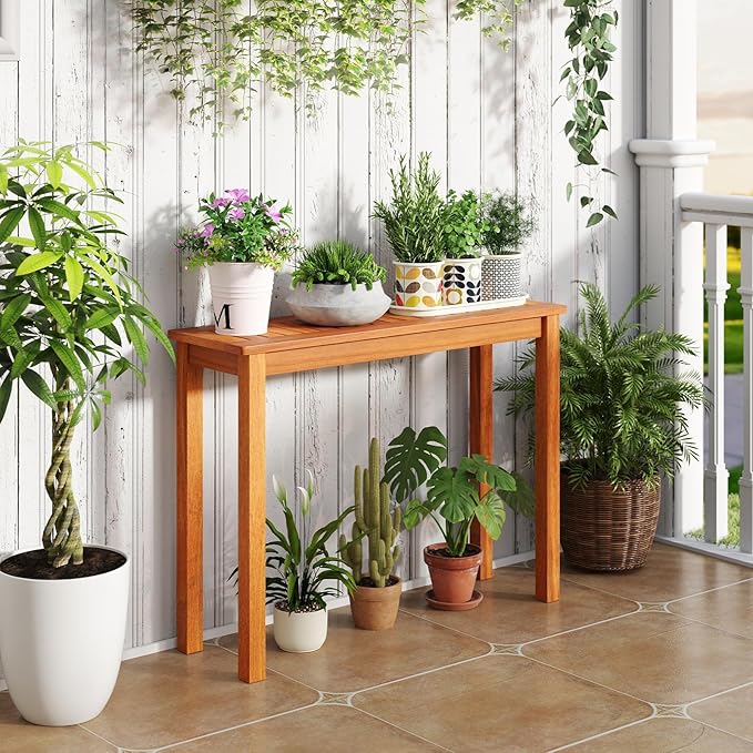 Plant Stand, Outdoor Wooden Planter Pot Holder with Teak Oil Finish & Slatted Top, Garden Planter Bench, Plant Display Rack for Porch, Backyard, Entryway (2, 40” x 12” x 29”)