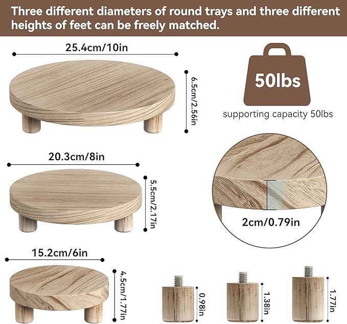 3 Pcs Wood Plant Stand Indoor Outdoor, Wooden Stool Display Stand 6/8/10" Round Riser Flower Pot Holder Small Planter Tray Modern Potter Decorative for Garden Desktop Home Table Counter Room, Natural