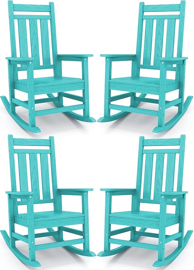 KINGYES Outdoor Rocking Chair Set of 4, All-Weather Patio Rocking Chairs for Porch, HDPE Rocking Outdoor Chairs with High Back for Adult, Heavy Duty Outdoor Patio Rockers for Garden, Lawn, Aruba