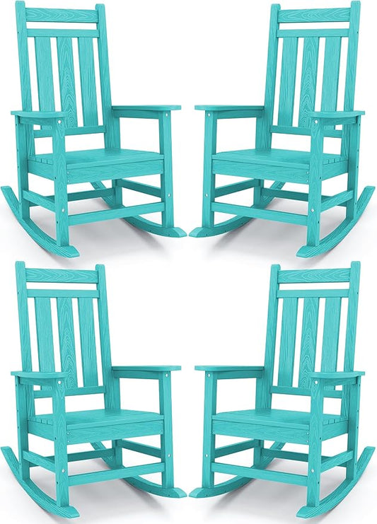 KINGYES Outdoor Rocking Chair Set of 4, All-Weather Patio Rocking Chairs for Porch, HDPE Rocking Outdoor Chairs with High Back for Adult, Heavy Duty Outdoor Patio Rockers for Garden, Lawn, Aruba