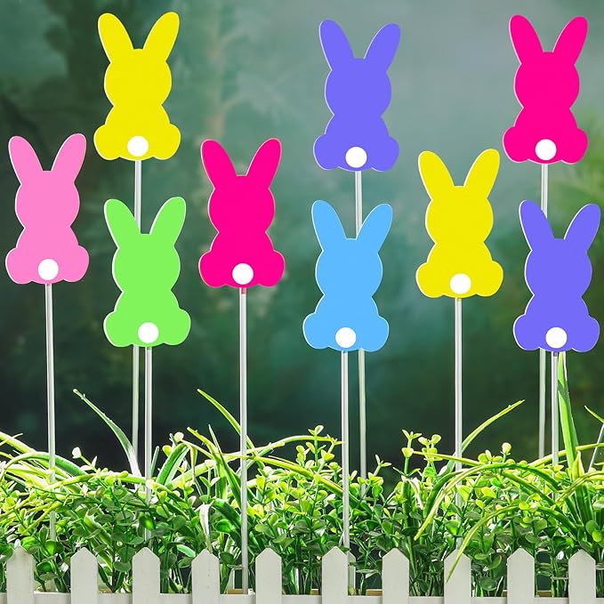 9 Pcs Easter Bunny Planter Stakes Metal Bunny Planter Stakes Outdoor Decorations for Plant Pot Yard Decor Easter Party Decorations Supplies Prop Spring Lawn Decor