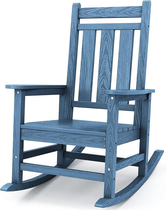 KINGYES Oversized Outdoor Rocking Chair, All-Weather Patio Rocking Chairs for Porch, HDPE Outdoor Patio Rockers with High Back & Wide Seat for Garden, Lawn, Blue