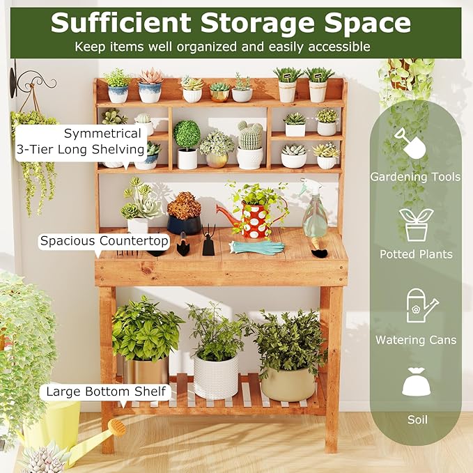 Giantex Potting Bench, Outside Solid Wood Potting Table with Flip-up Tabletop, Shelves, Indoor Outdoor Wooden Workbench for Patio Porch Balcony, Potted Plant Display Rack, 42"x18"x60", Brown