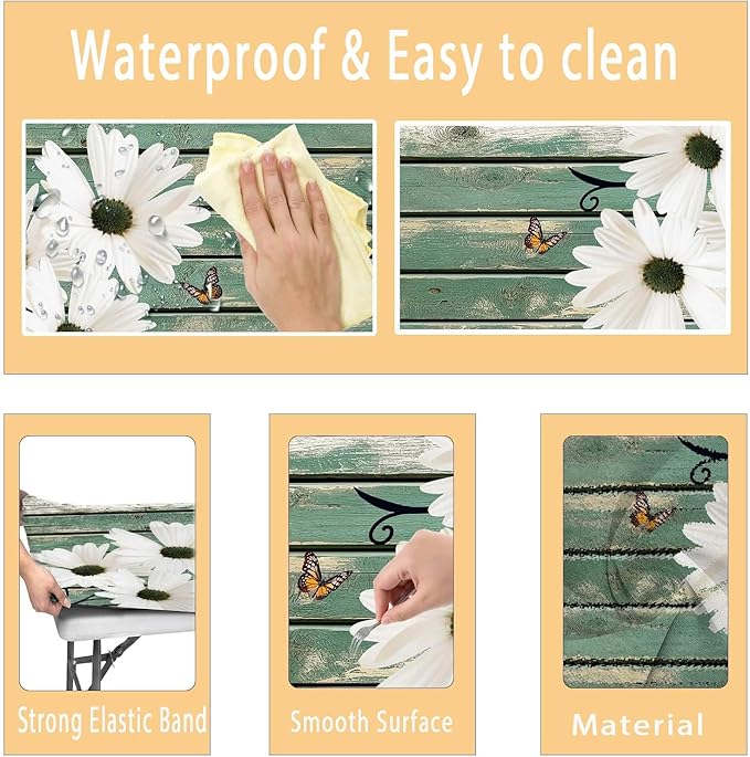 Picnic Table Cover with Bench Covers Daisy Flowers Wooden Floral Waterproof Windproof Fitted Outdoor Tablecloth with Elastic Rectangle Table Cloth Camping Accessories,60x30 Inch