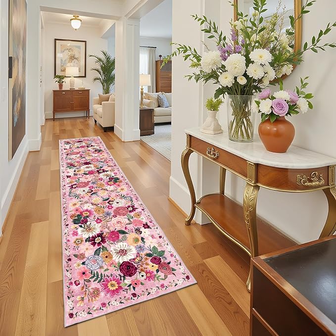 Rug for Hallways Kitchen Rug 2'6" x 14', Non Slip Washable Rugs with Rubber Backing Soft Floral Carpet Runner for Hallways, Kitchen, Laundry, Bedroom, Bathroom(2.6 x 14, Pink Garden)