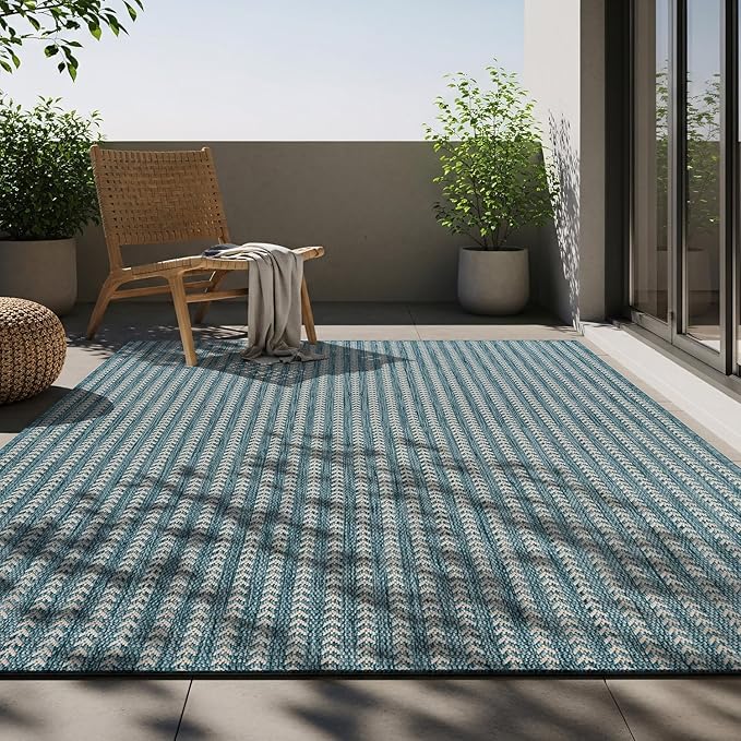 Washable Outdoor Rug 8x10 Modern Area Rugs Outdoor Carpets Striped Pattern Non Shedding Waterproof Easy Clean Patio Deck Porch Living Room Bedroom Garden RV (8 X 10 Aqua)