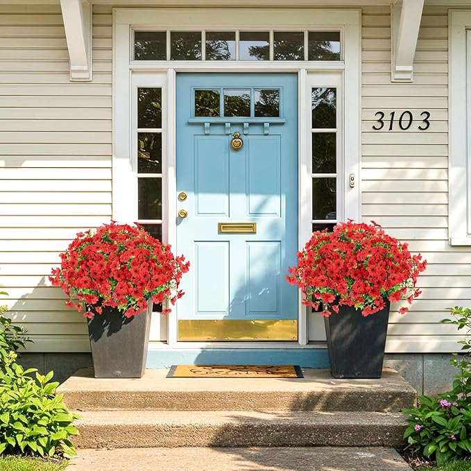 Artificial Flowers Outdoor Faux Plants UV Resistant Fake Patio Flowers Plastic Greenery Plnats Outside Bulk for Spring Garden Hanging Planter Home Vase Decor, 24 Bundles (Red)