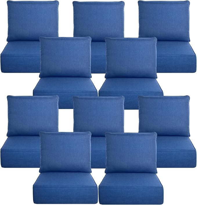 Belord Luxury 6" Thick Outdoor Cushion 10 Set - 24 x24 Inch 28D Sponge Filling Fade-Resistant Chair Cushion, Spill Proof Removable Patio Furniture Replacement Cushion for Sofa Bench Swing - Blue