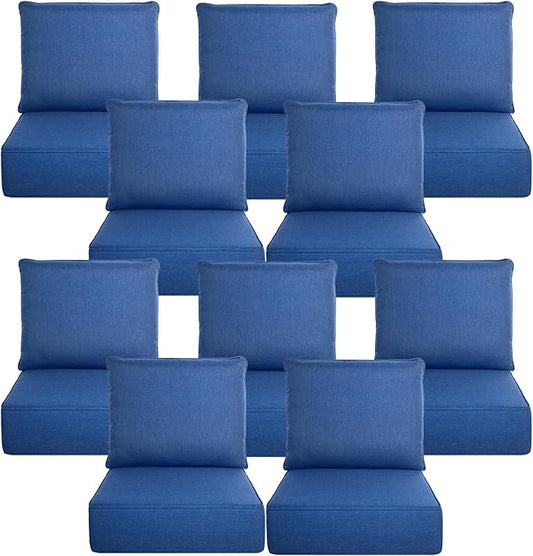 Belord Luxury 6" Thick Outdoor Cushion 10 Set - 22 x24 Inch 28D Sponge Filling Fade-Resistant Chair Cushion, Spill Proof Removable Patio Furniture Replacement Cushion for Sofa Bench Swing - Blue